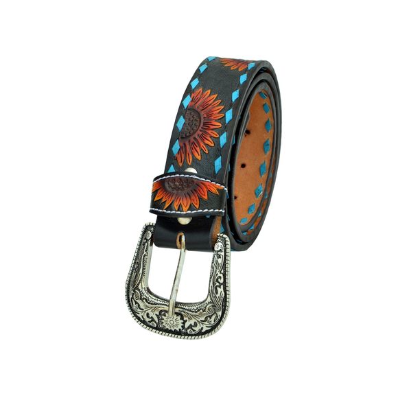 Western Tooled Hand Finished Sunflower And Buckstitch Leather Belt For Men And😒